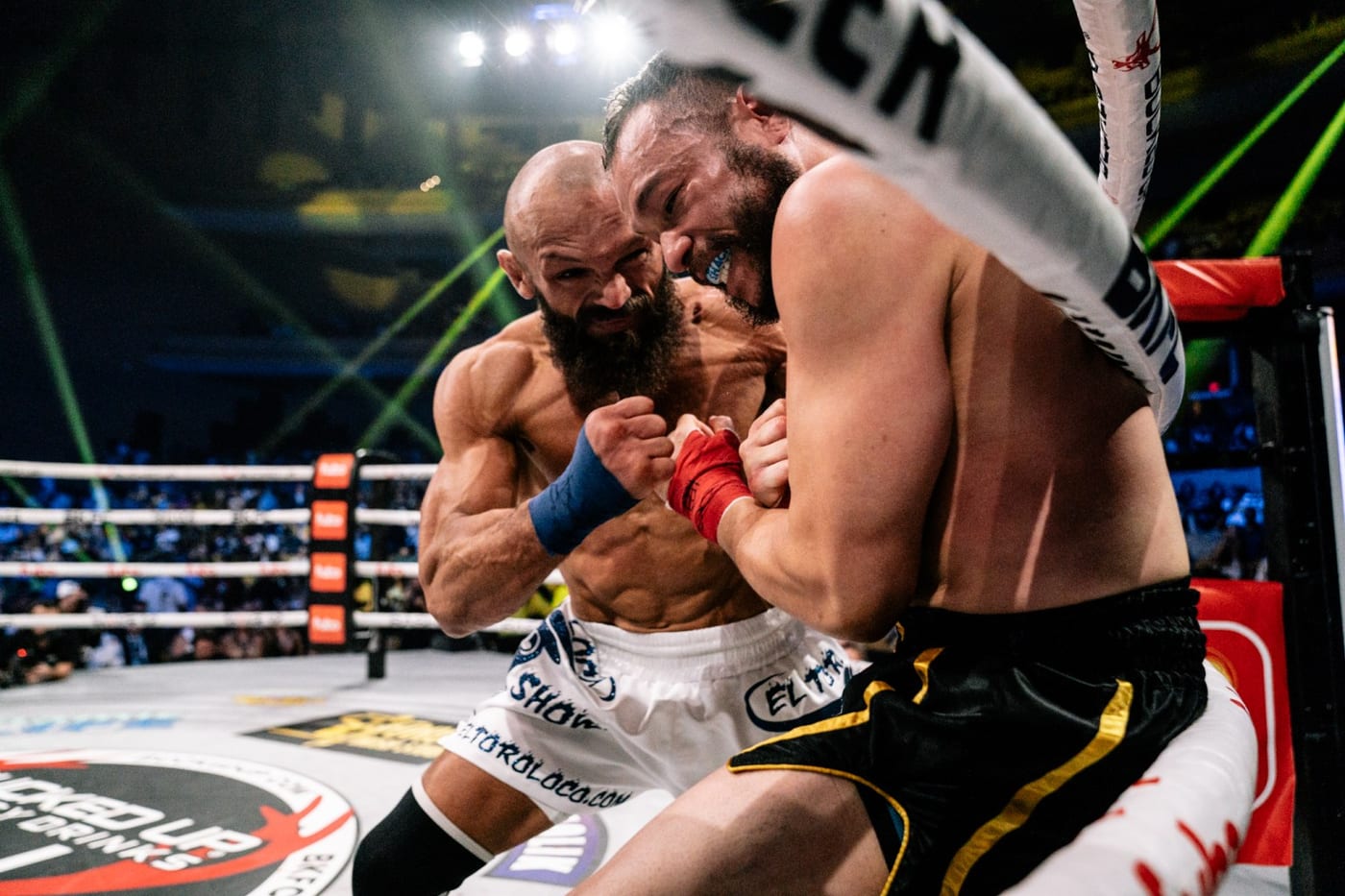 Edgard Plazaola in a clinch against his opponent during a BKFC bare-knuckle bout